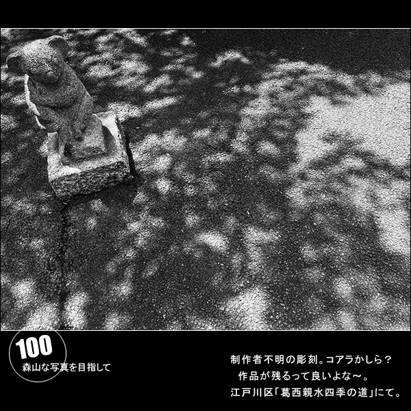 森山な写真を目指して Vol.100 制作者不明の彫刻。コアラかしら？ 作品が残るって良いよな～。江戸川区「葛西親水四季の道」にて